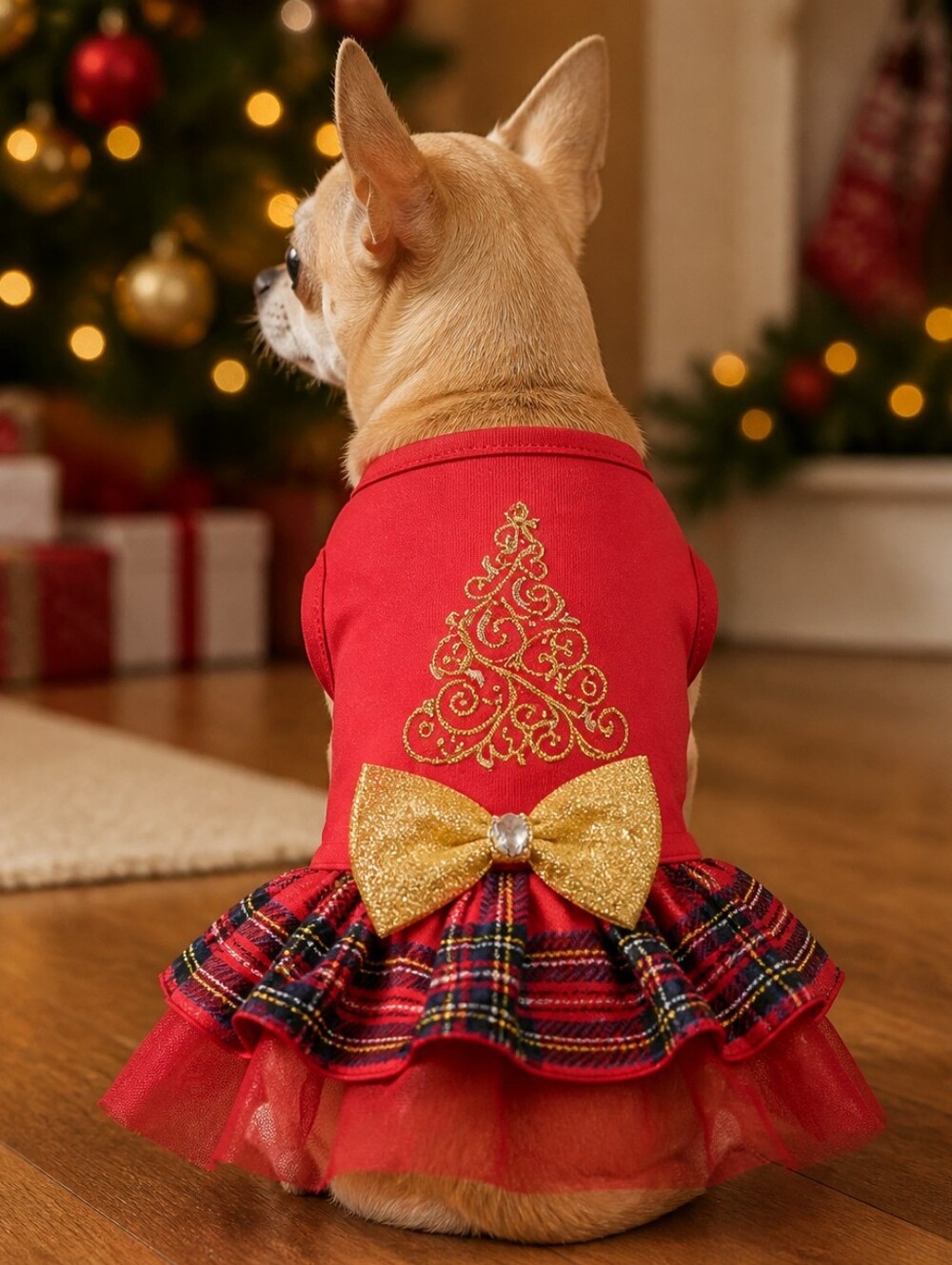 Pet Costume | Christmas Tree Tutu Dog Dress Red Plaid Glitter Bow Rhinestone XS